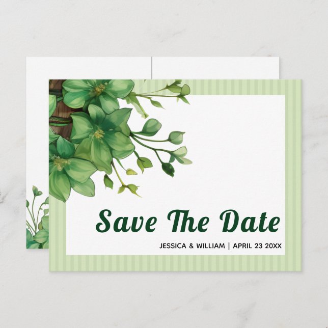 Greenery and stripes spring wedding Save the Date Postcard (Front/Back)