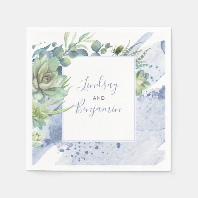 Greenery and Succulents Dusty Blue Elegant Napkin (Front)