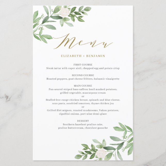 Greenery and White Floral Gold Wedding Menu Card (Front)