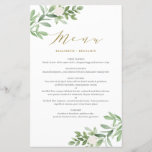 Greenery and White Floral Gold Wedding Menu Card<br><div class="desc">Add a greenery accent to your tablescape with this customisable greenery menu card. It features watercolor illustrations and pattern of foliage and white flowers. This floral menu card is perfect for spring and garden weddings and other events.</div>