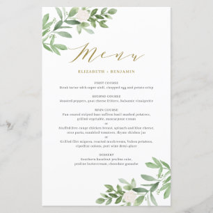 Greenery and White Floral Gold Wedding Menu Card