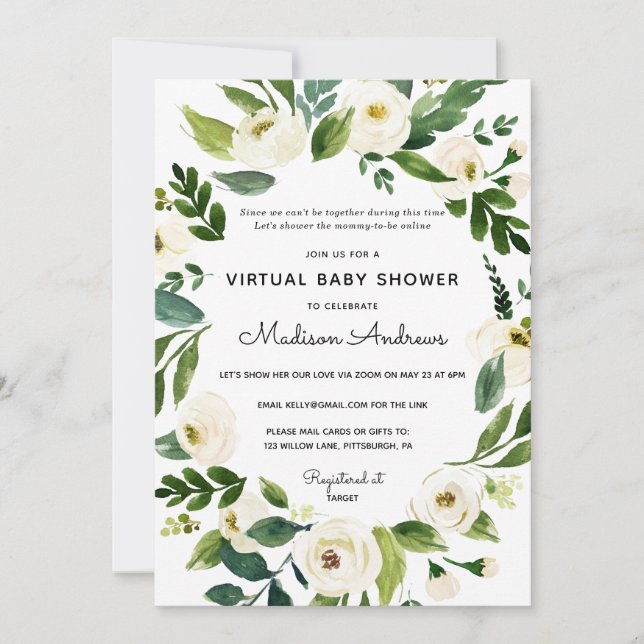 Greenery and White Floral Virtual Baby Shower Invitation (Front)