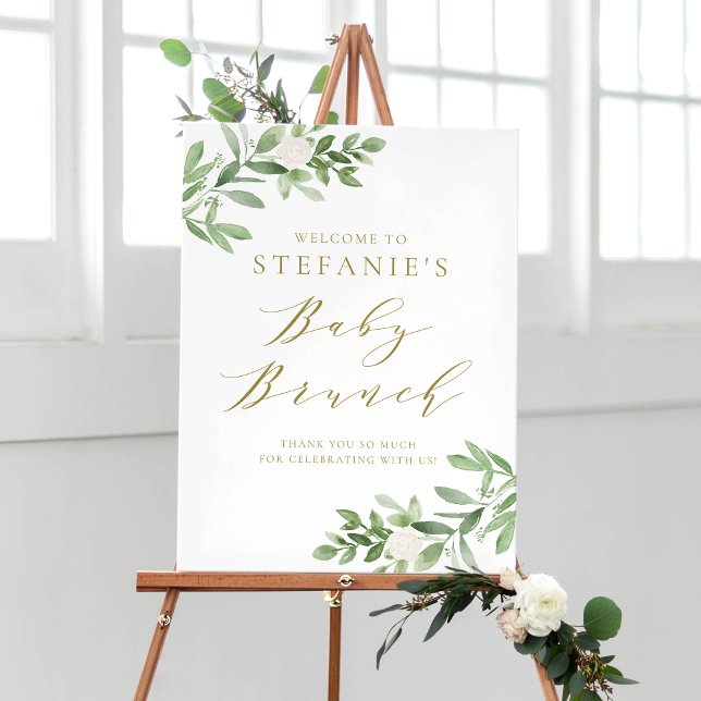 Greenery and White Flowers Baby Brunch Welcome Poster (Creator Uploaded)