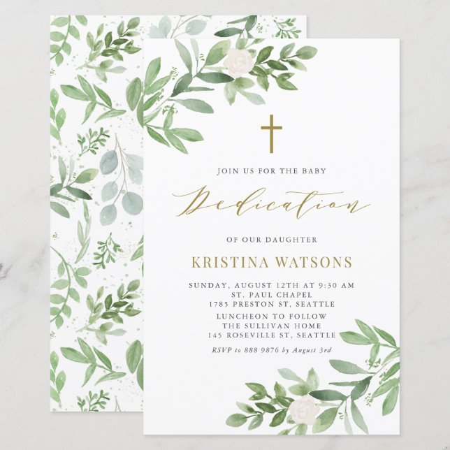 Greenery and White Flowers Baby Dedication Invite (Front/Back)