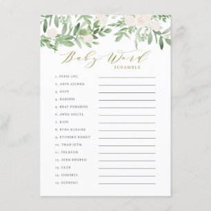 Greenery and White Flowers Baby Word Scramble Game Enclosure Card