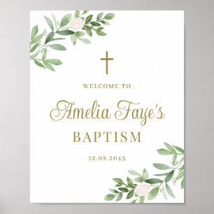 Greenery and White Flowers Baptism Welcome  Poster