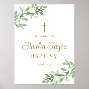 Greenery and White Flowers Baptism Welcome  Poster