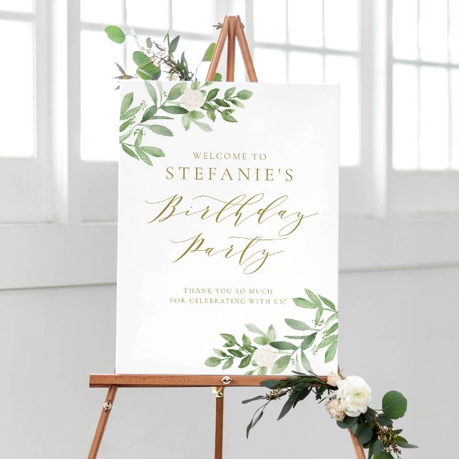 Greenery and White Flowers Birthday Party Welcome Poster (Creator Uploaded)