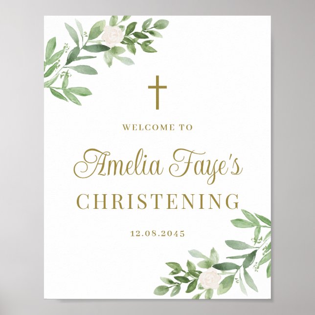 Greenery and White Flowers Christening Welcome Poster (Front)