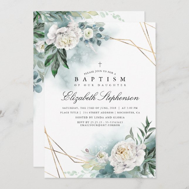 Greenery and White Flowers Elegant Modern Baptism Invitation (Front/Back)