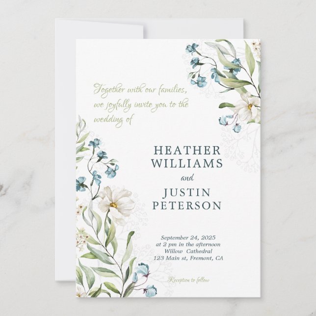 Greenery and white flowers elegant wedding invitation (Front)