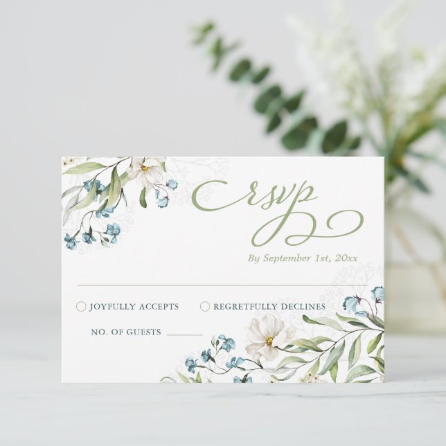 Greenery and white flowers elegant wedding RSVP card (Standing Front)