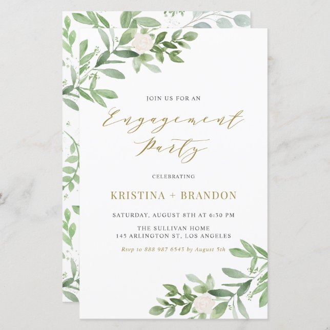 Greenery and White Flowers Engagement Invitation (Front/Back)