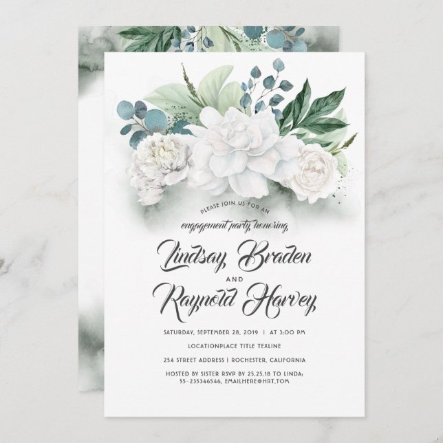 Greenery and White Flowers Engagement Party Invitation (Front/Back)
