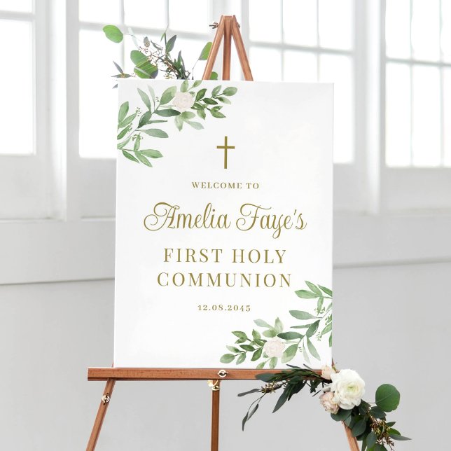 Greenery and White Flowers First Communion Welcome Poster (Customizable First Holy Communion welcome sign featuring watercolor greenery and gold texts.)