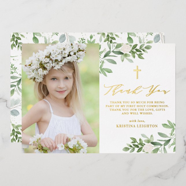 Greenery and White Flowers First Holy Communion Foil Holiday Card (Front/Back)