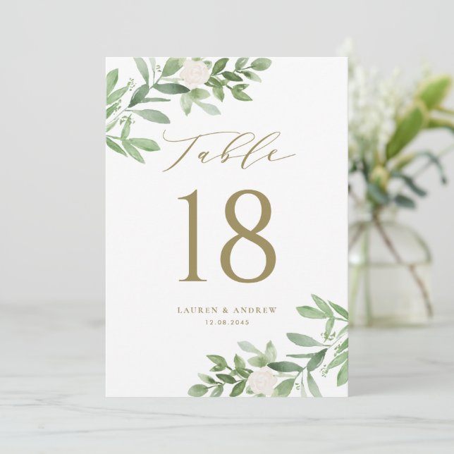 Greenery and White Flowers Gold Table Numbers (Standing Front)