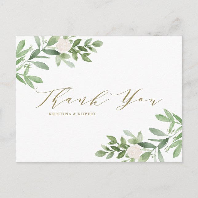Greenery and White Flowers Gold Wedding Thank You Postcard (Front)
