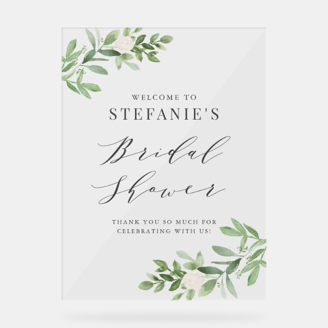 Greenery and White Flowers Grey Bridal Shower Acrylic Sign (Front)