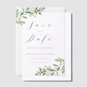 Greenery and White Flowers Grey Save the Date Vellum Invitations