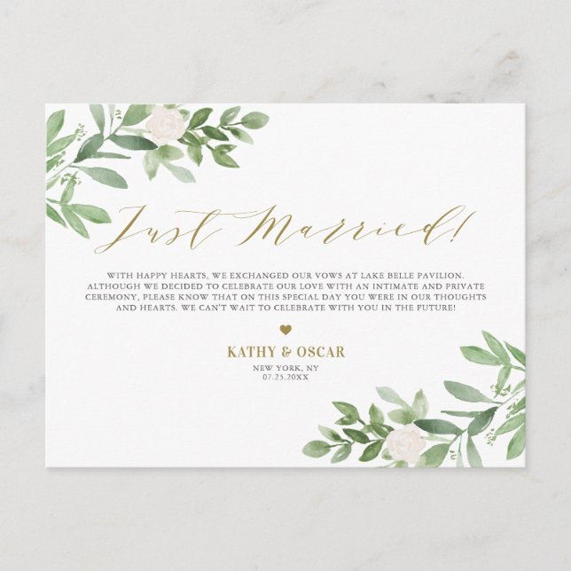 Greenery and White Flowers Just Married Wedding Announcement Postcard (Front)