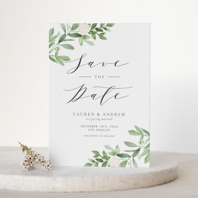 Greenery and White Flowers QR Code Save the Date Announcement Postcard (Watercolor Greenery and White Flowers QR Code Save The Date Announcement Postcard)