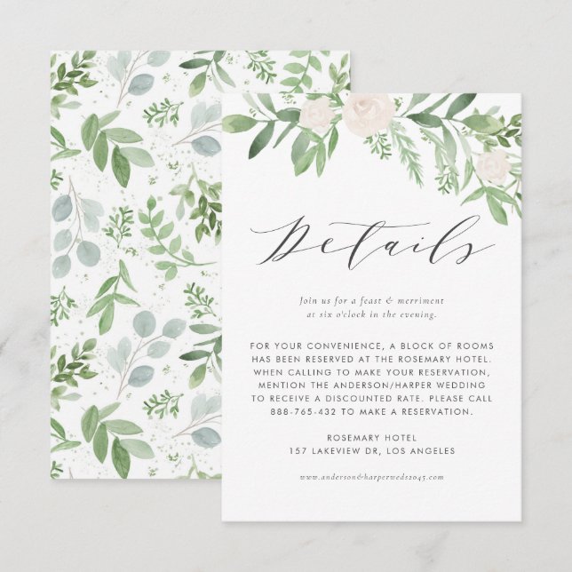 Greenery and White Flowers Wedding Details Enclosure Card (Front/Back)