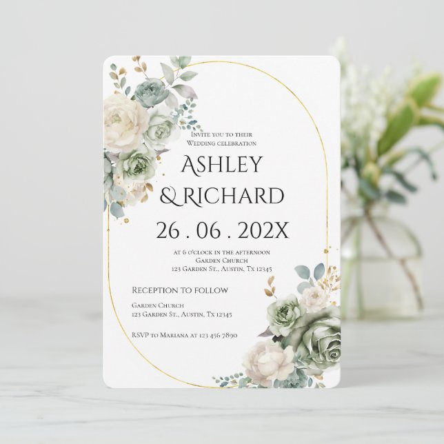 Greenery and white flowers Wedding Invitation (Standing Front)