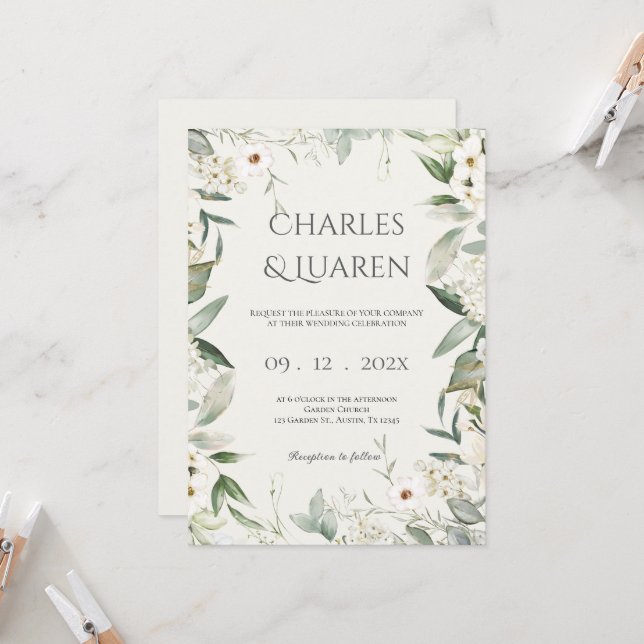 Greenery and white flowers Wedding Invitation (Front/Back In Situ)