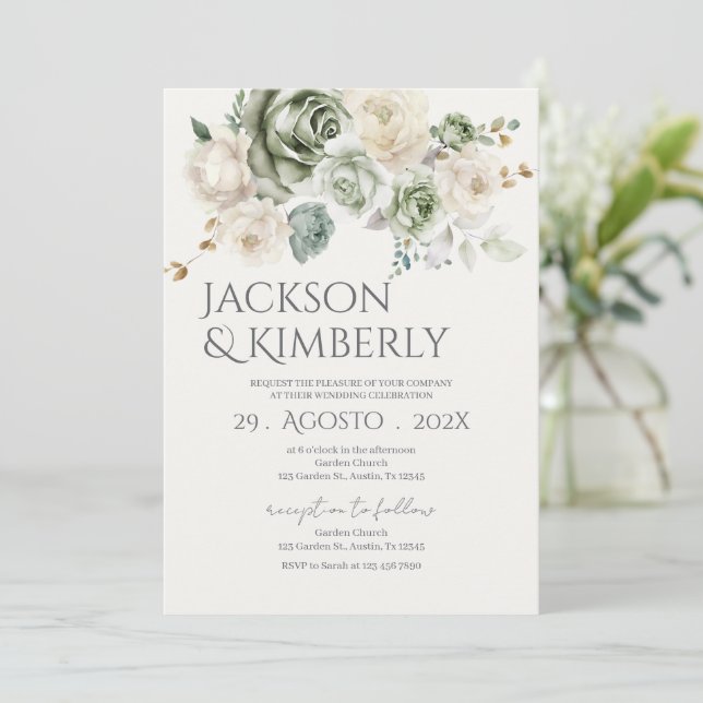 Greenery and white flowers Wedding Invitation (Standing Front)