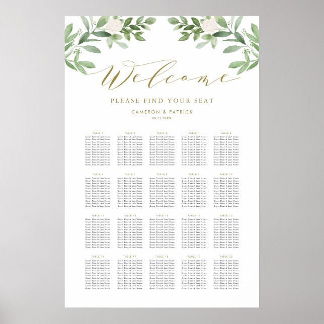 Greenery and White Flowers Wedding Seating Chart (Front)