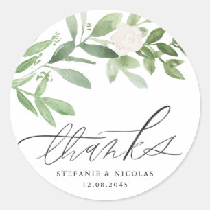 Greenery and White Flowers Wedding Thank You Classic Round Sticker