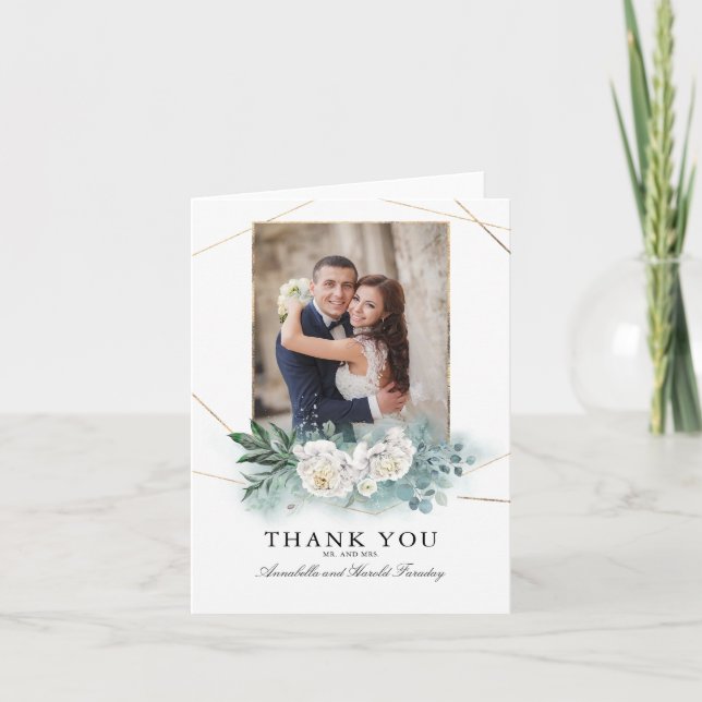 Greenery and White Flowers Wedding Thank You Photo Card (Front)