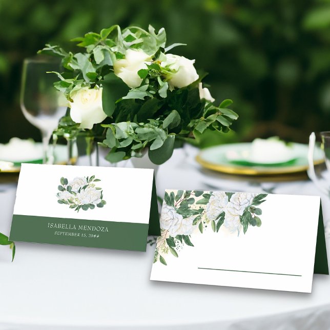 Greenery and White Peony Rose Floral  Place Card (Place cards from my Emerald Greenery & White Peony collection)
