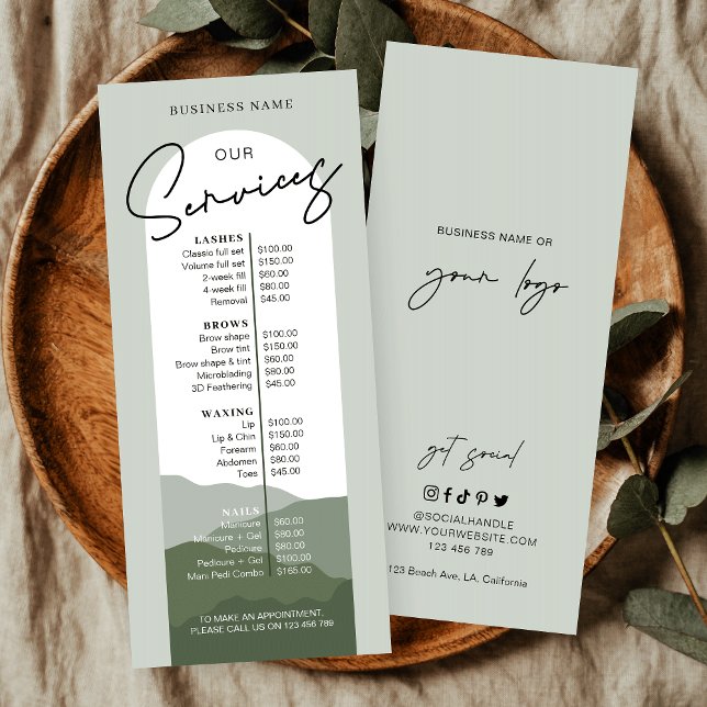 Greenery Arch Boho Elegant Logo Beauty Price List Rack Card (Creator Uploaded)