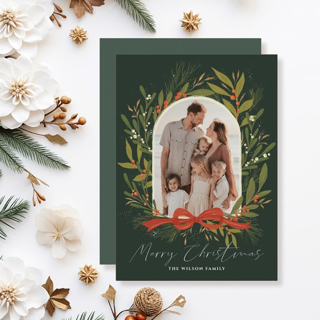 Greenery Arch Bow 2 Photo Christmas Holiday Card (Creator Uploaded)