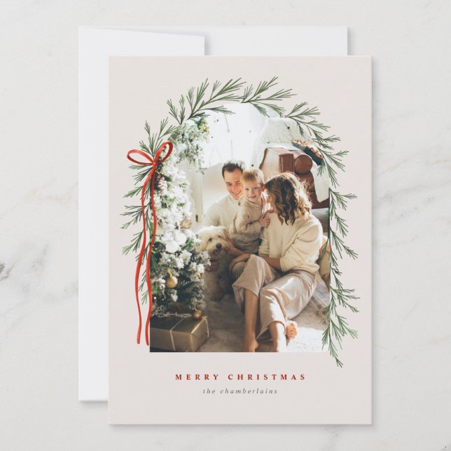 Greenery Arch & Bow Elegant Ivory Photo Christmas Holiday Card (Front)