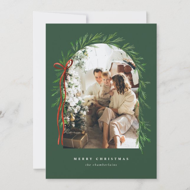 Greenery Arch & Bow Elegant Photo Christmas Holiday Card (Front)