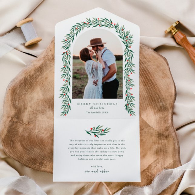 Greenery Arch Elegant Photo Christmas Holiday All In One Invitation (Elegant boho greenery arch photo christmas holiday all-in-one card.)