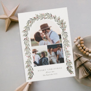 Greenery Arch Modern Script 3 Photo Christmas Holiday Card