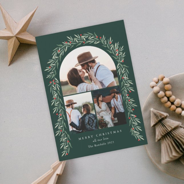 Greenery Arch Modern Script 3 Photo Christmas Holiday Card (Creator Uploaded)
