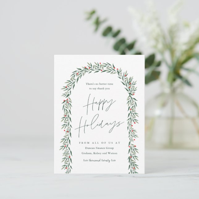 Greenery Arch Modern Script Business Holiday Card (Standing Front)