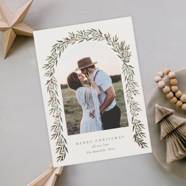 Greenery Arch Modern Script Photo Christmas Holiday Card (Creator Uploaded)