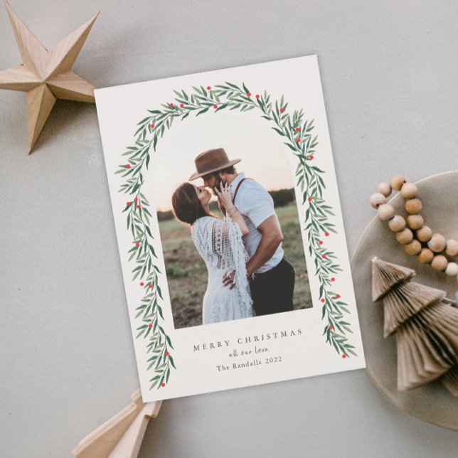 Greenery Arch Modern Script Photo Christmas Holiday Card (Creator Uploaded)