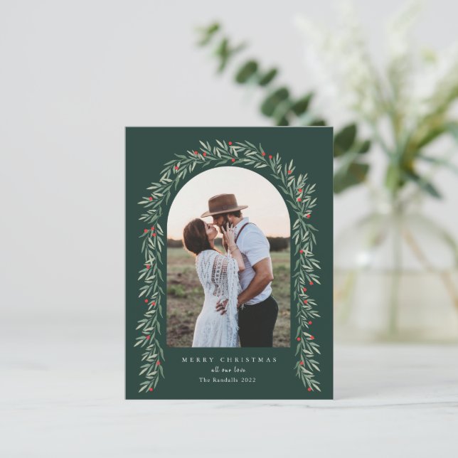 Greenery Arch Modern Script Photo Christmas Holiday Postcard (Standing Front)
