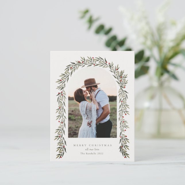 Greenery Arch Modern Script Photo Christmas Holiday Postcard (Standing Front)