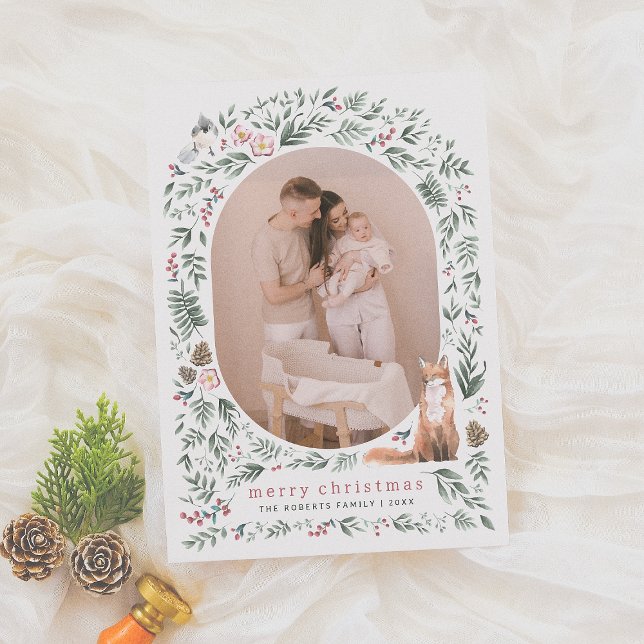 Greenery Arch Watercolor Woodland Christmas Photo Holiday Card (Creator Uploaded)