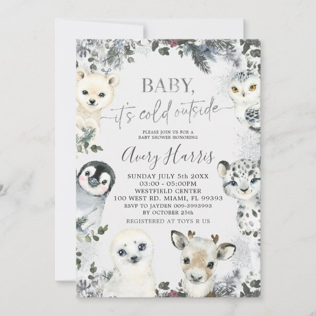 Greenery Arctic Animals Winter Baby Shower Invite (Front)