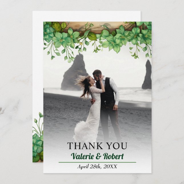 Greenery arrangement and photo spring wedding thank you card (Front/Back)