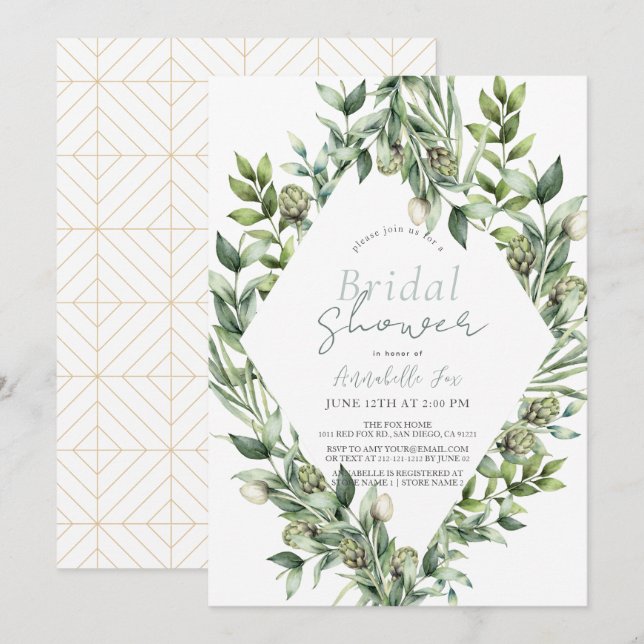 Greenery Artichoke Watercolor Green Bridal Shower Invitation (Front/Back)